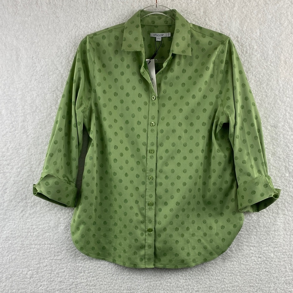 NWT Chico’s Women’s Size 0.5 ( Small 6 ) Zebra Dot Button Down Shirt. - Picture 2 of 10